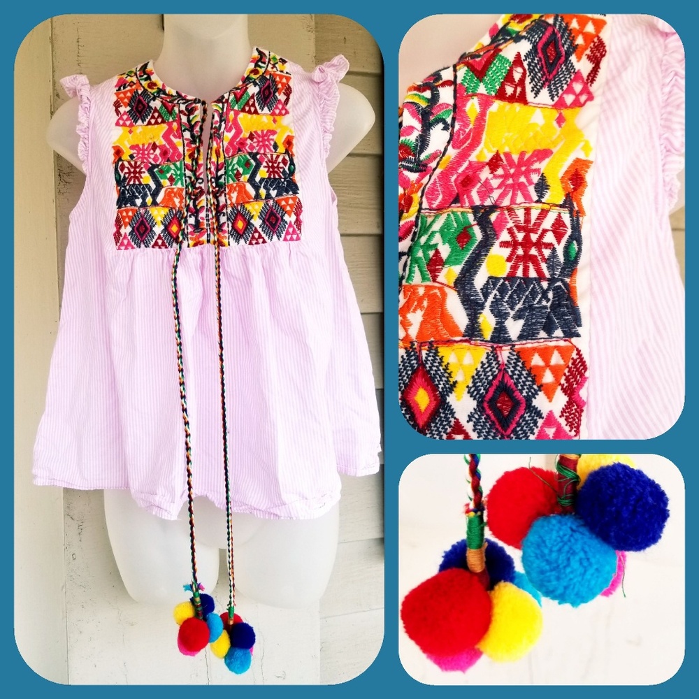 Shein Embroidered Pom Pom Tassel Peasant Boho top hippie